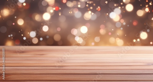 bokeh background with light effects on wooden floor and winter decorations,
