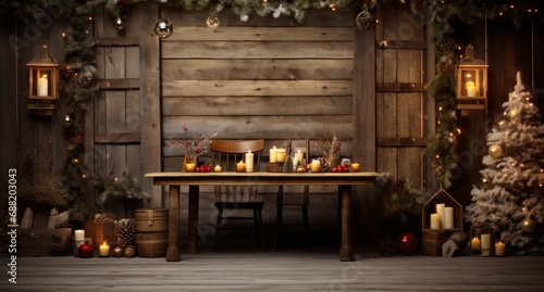 bokeh background with light effects on wooden floor and winter decorations,