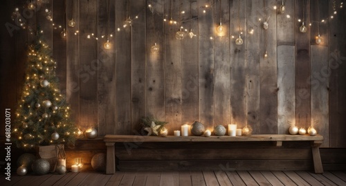 bokeh background with light effects on wooden floor and winter decorations,