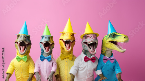 set of colorful dinosaur and birthday hats on yellow background © Daniel