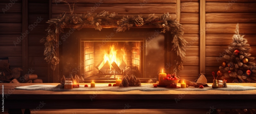 christmas scene with a table and a fire,