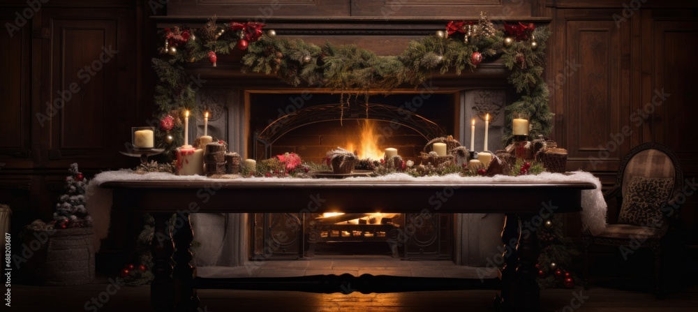 christmas scene with a table and a fire, christmas scene with a table and a fire,