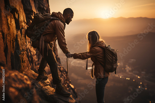 Teamwork couple climbing helping hand