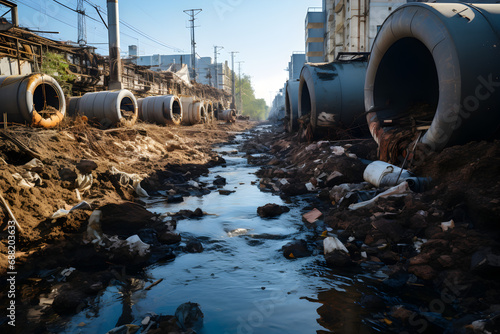 Wastewater pollution, industrial pipe, sewage, dirty water leakage into the river, environment, ecology and pollution photo