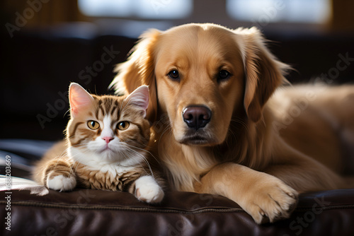 British cat and Golden Retriever photo