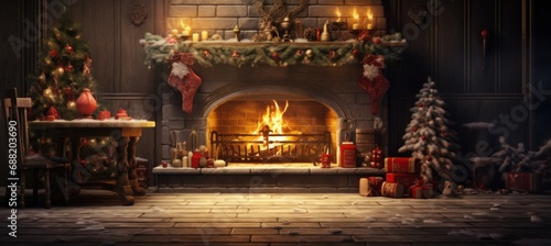 christmas scene with a table and a fire,