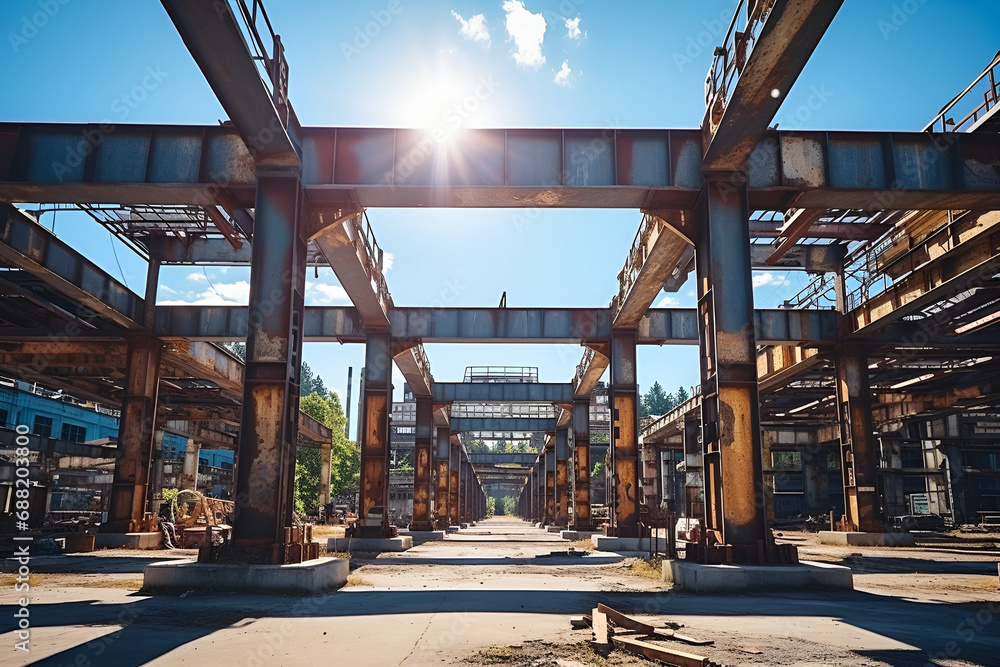 Construction of the steel building s pillars using a crane in a factory under the blue sky - obrazy, fototapety, plakaty 