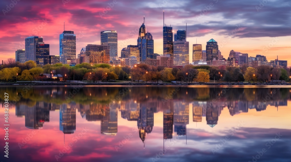 Fototapeta premium a city skyline reflected in a calm body of water,