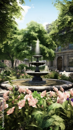 hidden garden oasis in the heart of the city, with blooming flowers