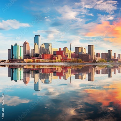 a city skyline reflected in a calm body of water,
