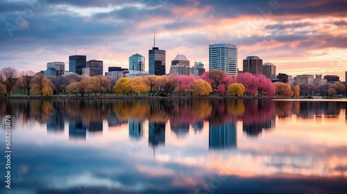 a city skyline reflected in a calm body of water,
