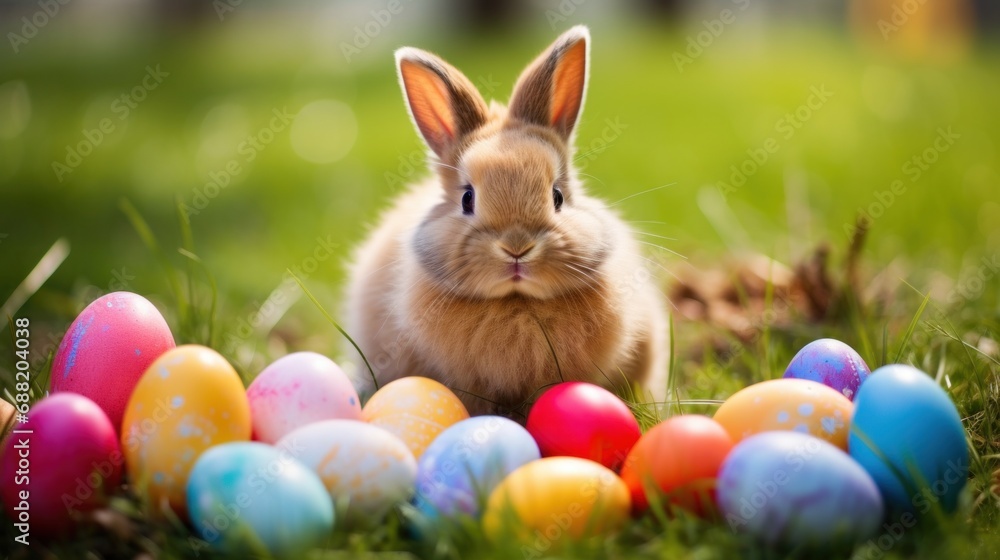 A cute bunny surrounded by colorful eggs and sitting in a grassy field A cute bunny surrounded by colorful eggs and sitting in a grassy field