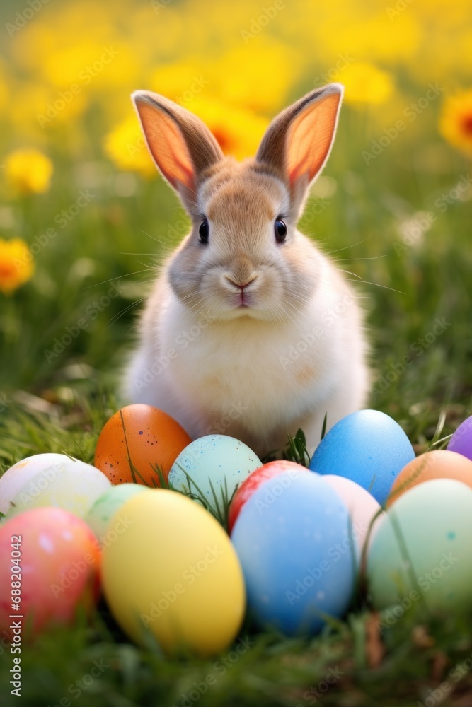 A cute bunny surrounded by colorful eggs and sitting in a grassy field A cute bunny surrounded by colorful eggs and sitting in a grassy field