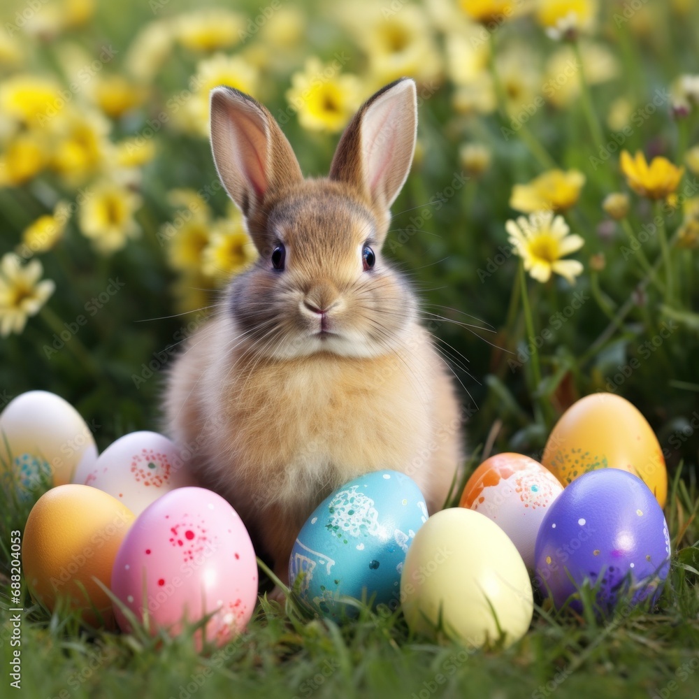 A cute bunny surrounded by colorful eggs and sitting in a grassy field A cute bunny surrounded by colorful eggs and sitting in a grassy field