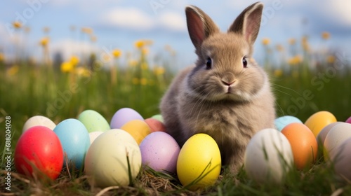 A cute bunny surrounded by colorful eggs and sitting in a grassy field