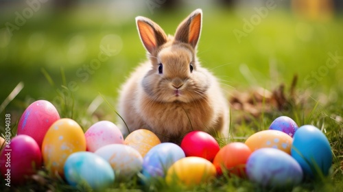 A cute bunny surrounded by colorful eggs and sitting in a grassy field © olegganko