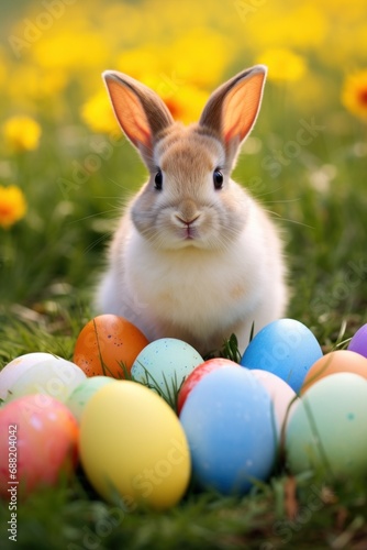 A cute bunny surrounded by colorful eggs and sitting in a grassy field