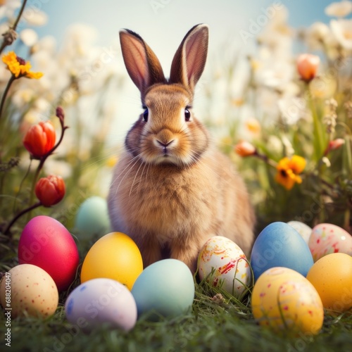 A cute bunny surrounded by colorful eggs and sitting in a grassy field