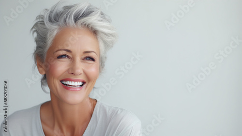 portrait of senior woman with grey hair and smiling at camera on grey background