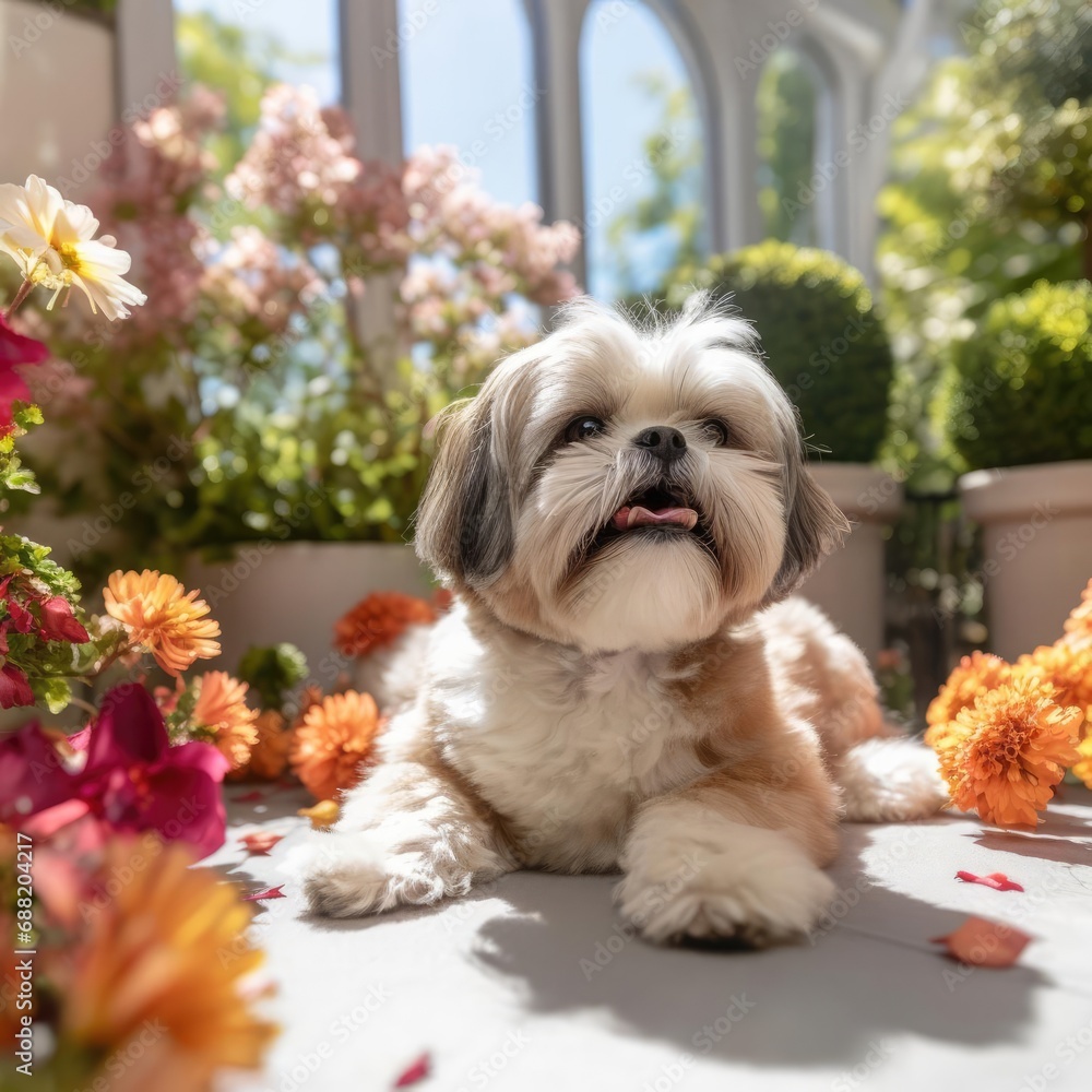 Sun-Soaked Shih Tzu and Blooming Bliss: A Macro Lens Masterpiece