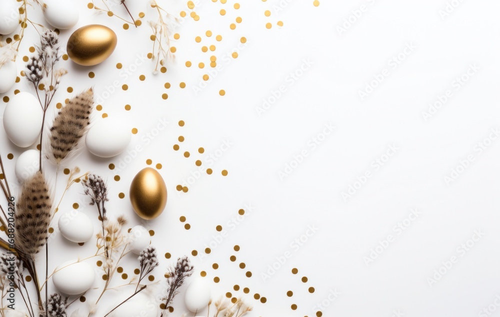 Fototapeta premium easter eggs and dried plants on white background