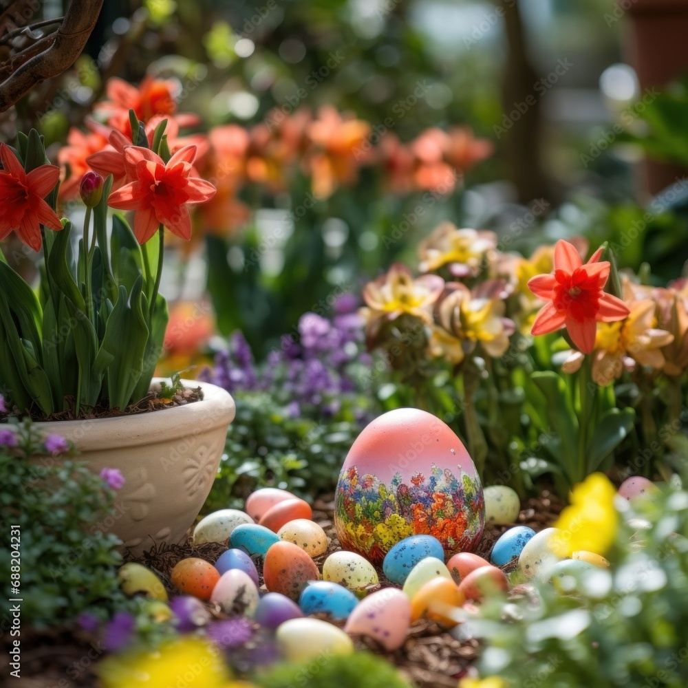A colorful garden setting with Easter eggs hidden among the flowers.