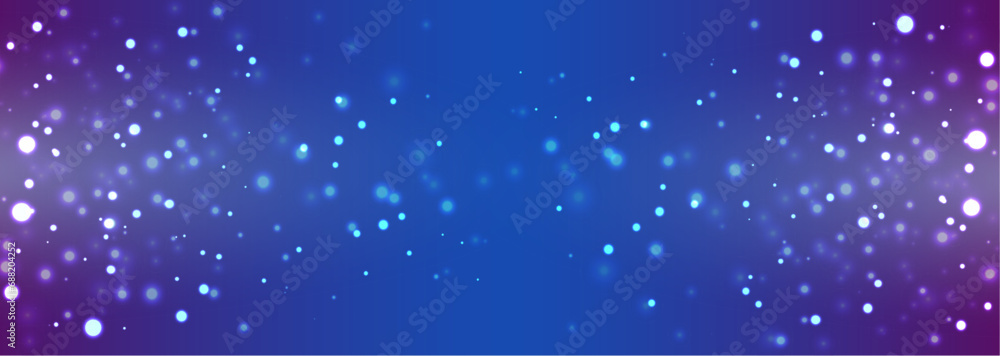 Purple and light blue sparkling banner, bokeh effect. Shaded colour background.