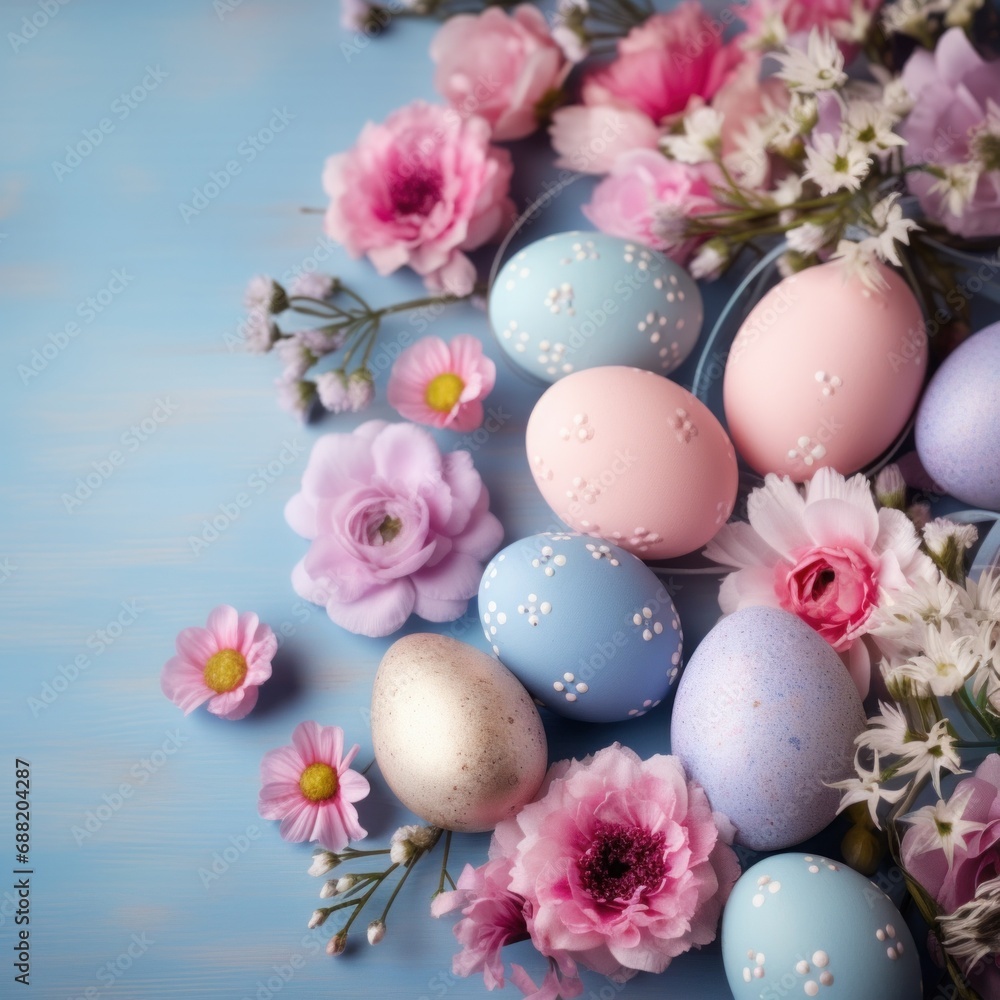 A soft pastel background with Easter eggs and flowers in shades of pink, blue, and lavender.