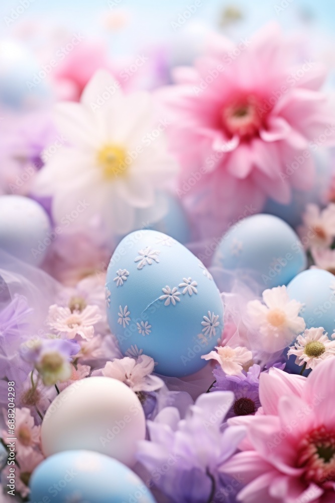 A soft pastel background with Easter eggs and flowers in shades of pink, blue, and lavender. A soft pastel background with Easter eggs and flowers in shades of pink, blue, and lavender.