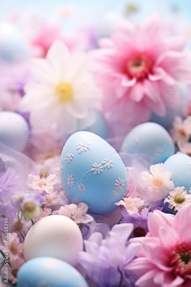 A soft pastel background with Easter eggs and flowers in shades of pink, blue, and lavender.