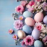 A soft pastel background with Easter eggs and flowers in shades of pink, blue, and lavender.