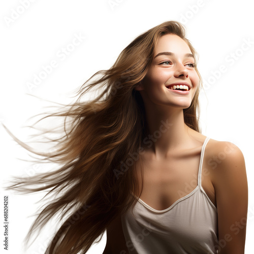 Portrait of a young woman with long brown hair smiling, transparent background (PNG)