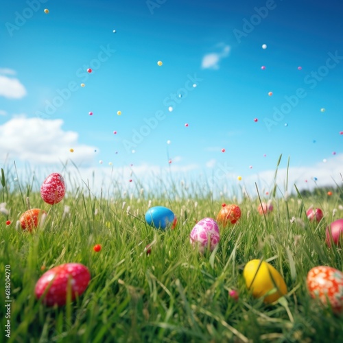 A grassy meadow with a clear blue sky and Easter eggs scattered throughout.