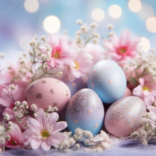 A soft pastel background with Easter eggs and flowers in shades of pink, blue, and lavender.