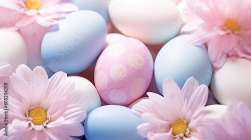 A soft pastel background with Easter eggs and flowers in shades of pink  blue  and lavender.