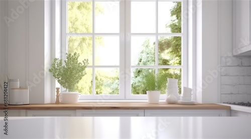 full view of white kitchen table and windows white kitchen © olegganko