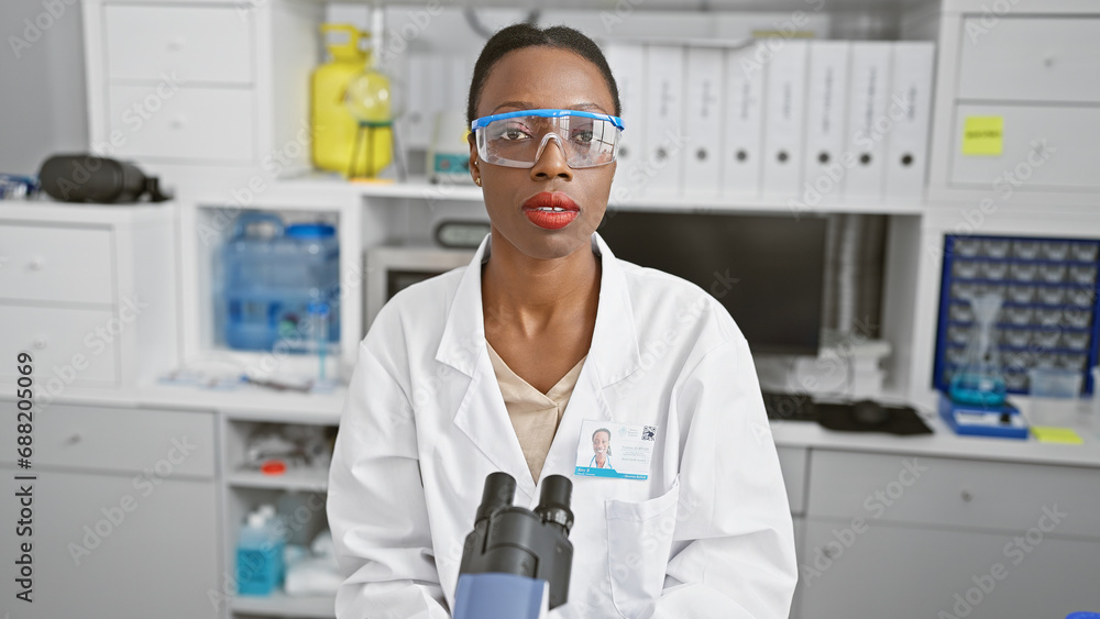 Serious african american woman scientist immersed in her work, sitting at the lab table amidst test tubes, immersed in medical research.
