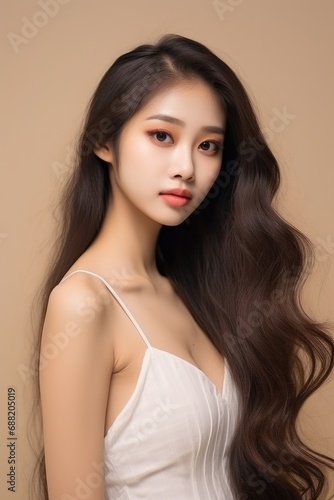 Young Asian beauty woman long hair in white dress beige background