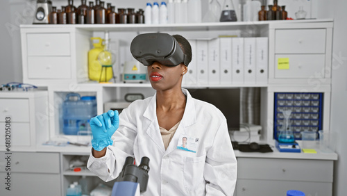 Incredible african-american woman scientist, armed with cutting-edge virtual reality glasses, revolutionizing research in her bustling laboratory.