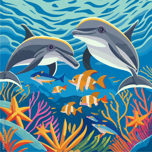 Vector illustration. Dolphins under water at the coral reef
with exotic fishes. Underwater world of the ocean.
Algae, corals and sea anemones on the seabed.