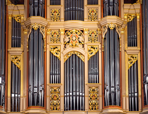Koper, Slovenia - November 8, 2023: Organ in the Cathedral of the Assumption of the Blessed Virgin Mary in the old town of the Slovenian city of Koper. 