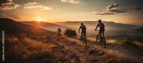 Mountain bikers riding on a mountain trail during sunset