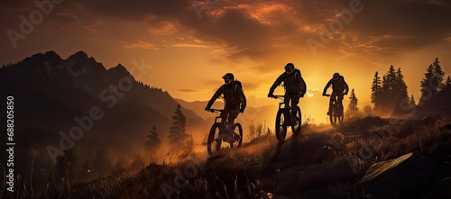 Mountain bikers riding on a mountain trail during sunset © Photo And Art Panda