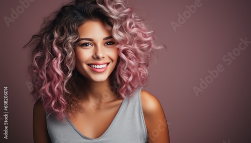 beautiful young woman smiling with curly pink hair on pink background