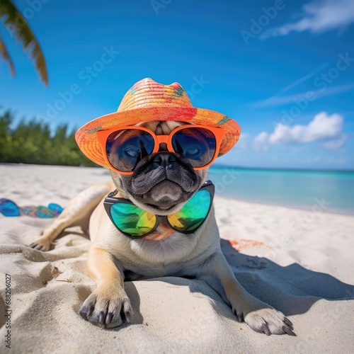 Pug Relaxing on a Sunny Beach with Stylish Accessories