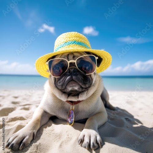 Pug Relaxing on a Sunny Beach with Stylish Accessories