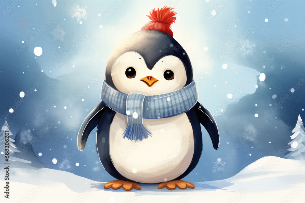 Obraz premium Cute penguin in a hat and scarf, illustration a winter forest, Christmas mood