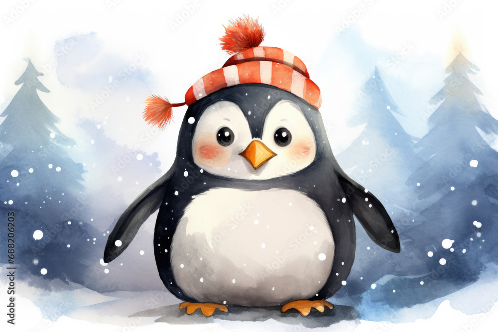Cute penguin in a hat, illustration a winter forest, Christmas mood Cute penguin in a hat, illustration a winter forest, Christmas mood