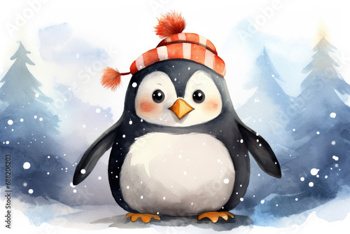 Cute penguin in a hat, illustration a winter forest, Christmas mood © Irina Beloglazova