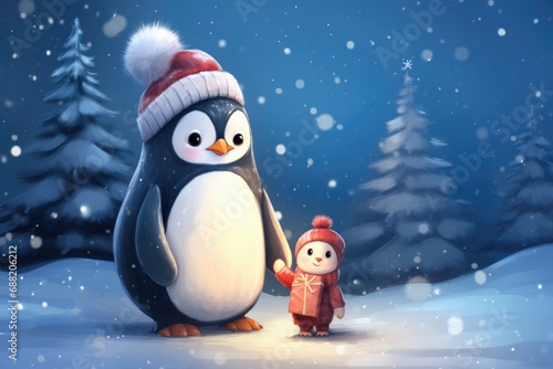 Cute penguin in a hat, illustration a winter forest, Christmas mood